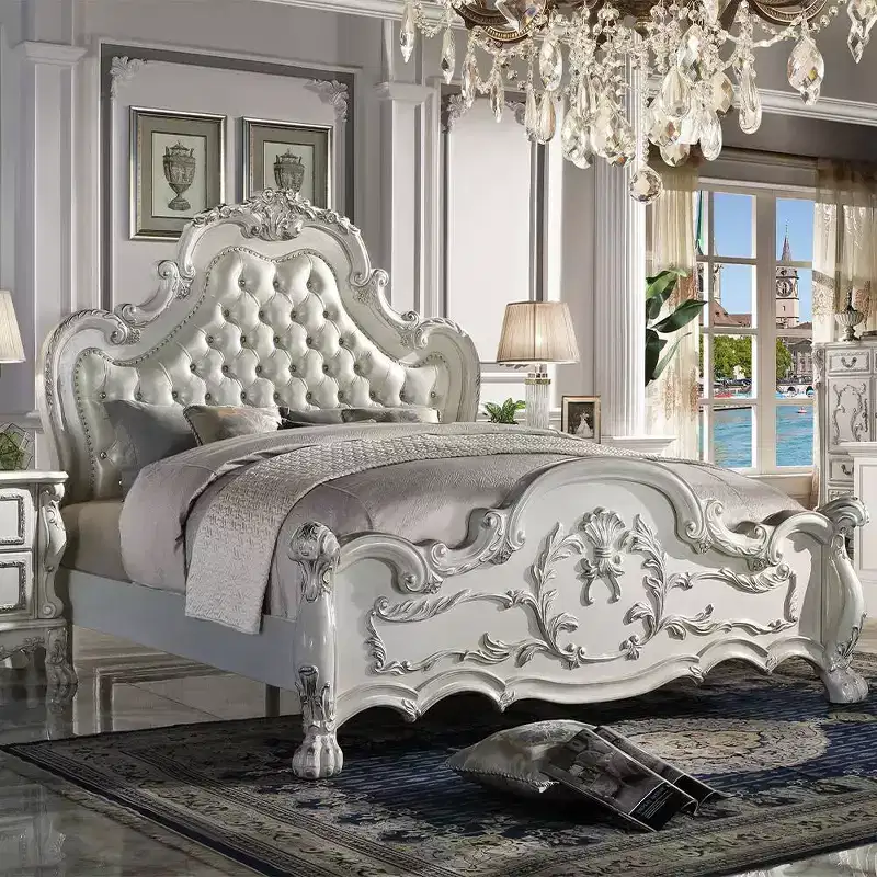 91-Inch Large Double Bed Series – Synthetic Leather, Bone White Finish
