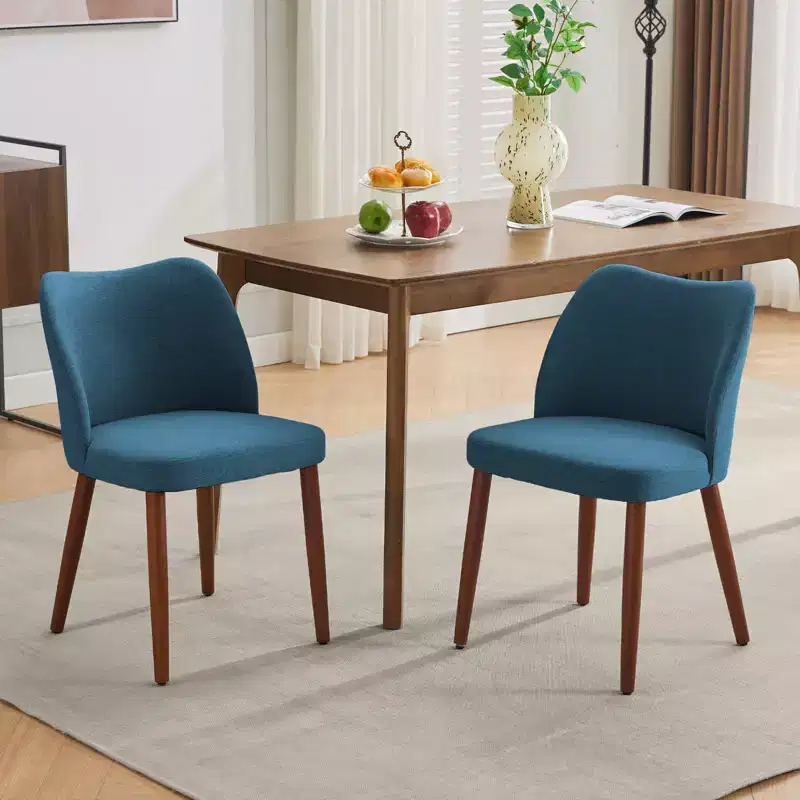 Linen Dining Chairs Set of 2, Upholstered Fabric Side Chairs with Wing Backrest, Thick Cushions & Wood Legs for Dining Room, Living Room