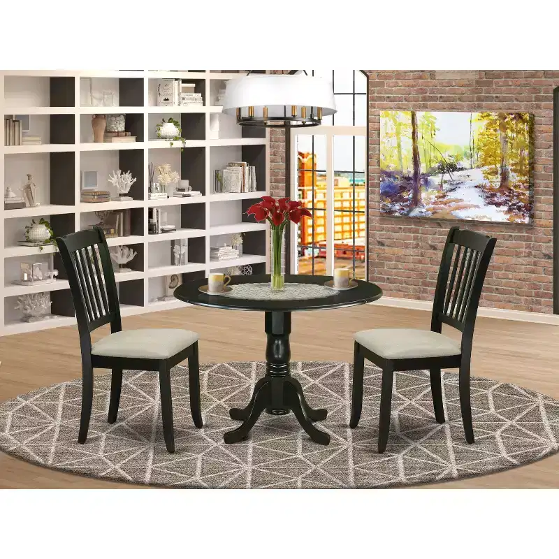 Round Dropleaf Dining Black Linen Fabric Chairs