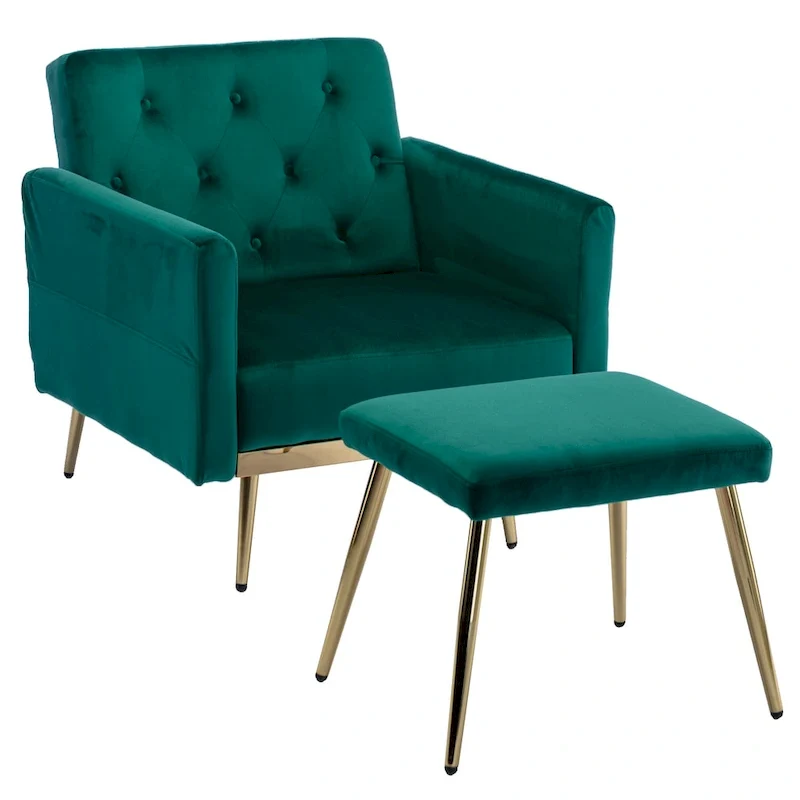 HOMEFUN Velvet Tufted Adjustable Armrests and Backrest Armchair with Ottoman
