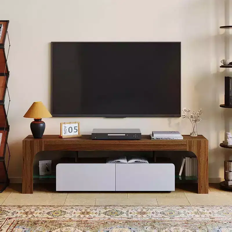 Modern TV Stand with Large Storage Drawer for up to 70 Inch TVs, Wood Farmhouse TV Console with Glossy Entertainment Center for Living Room,Bedroom