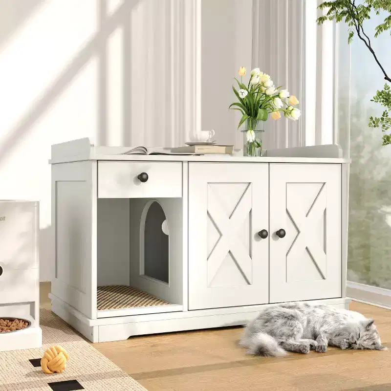 CLIHOME Cat Litter Box Enclosure, Indoor Cat House with Storage Drawer Side Table, Farmhouse Style Hidden Cat Box Cabinet