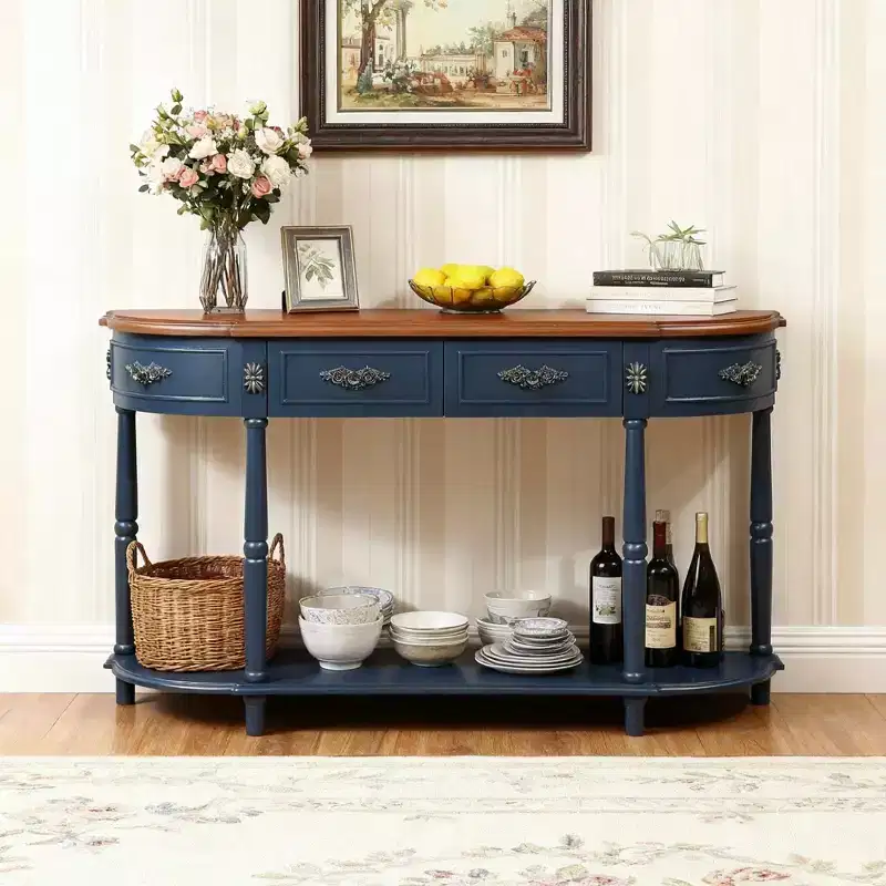 Hostack 52'' Retro Curved Wood Console Table with Open Shelf and 2 Drawers for Living Room and Hallway, Navy Blue and Brown Top