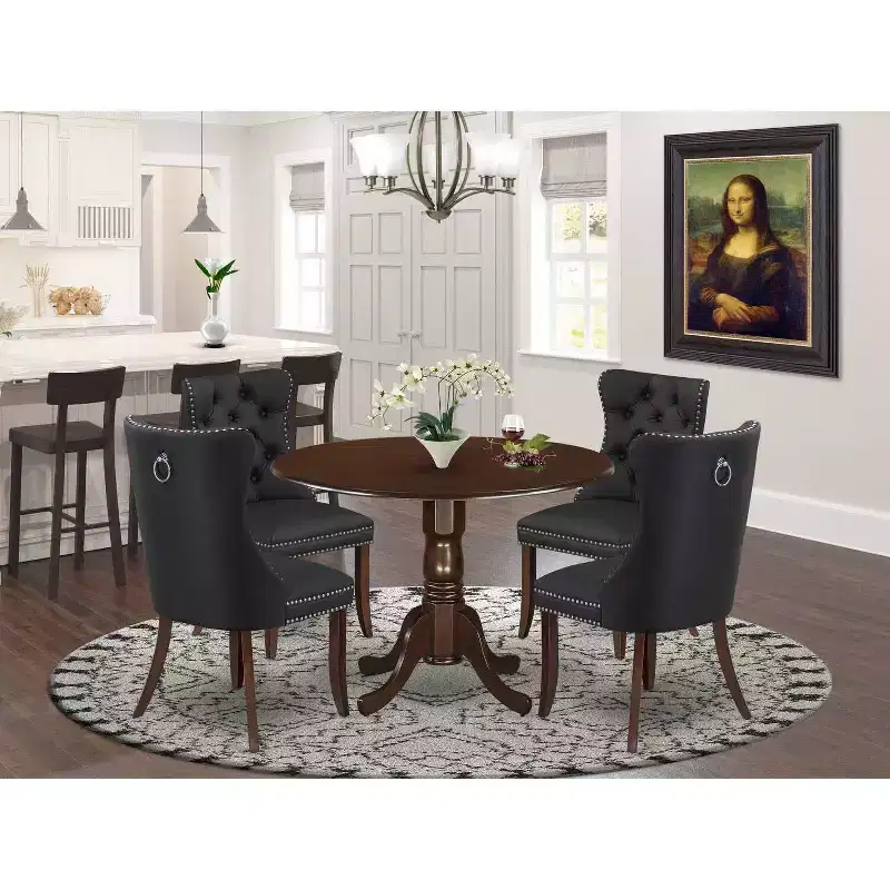 Belmont 5 Piece Dining Room Set Consists of a Round Kitchen Table with Dropleaf and 4 Upholstered Chairs, Mahogany