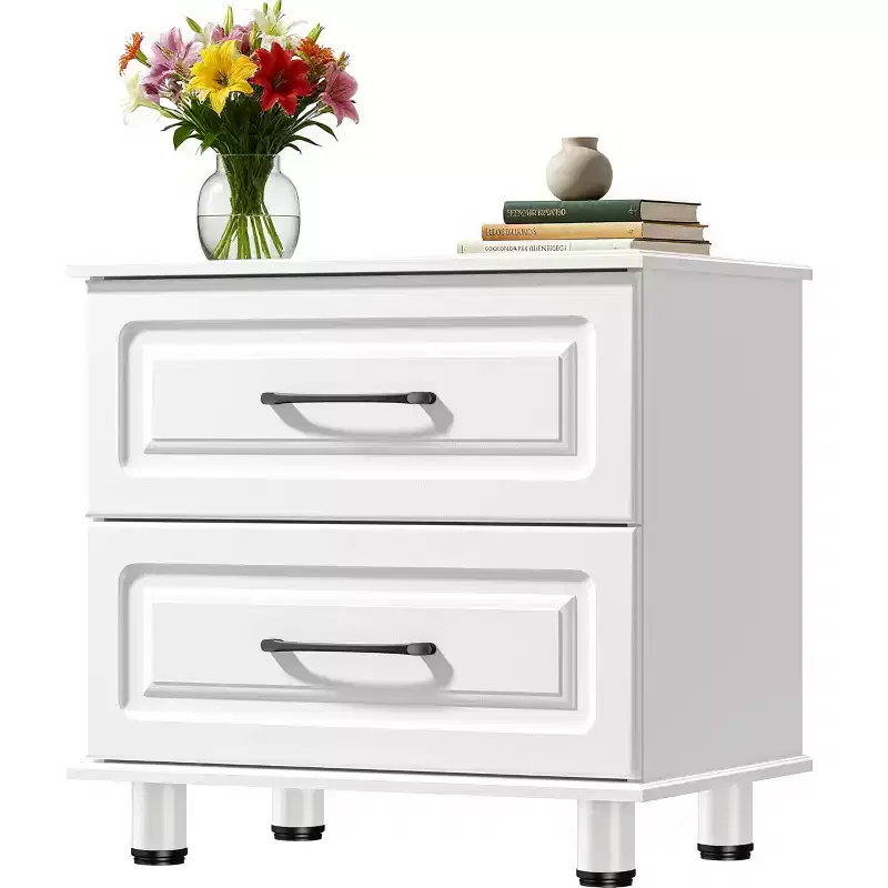 Sandinrayli White Nightstand with 2 Drawers, Small Dresser for Bedroom Closet Drawers Wood Dresser with Steel Handles, White