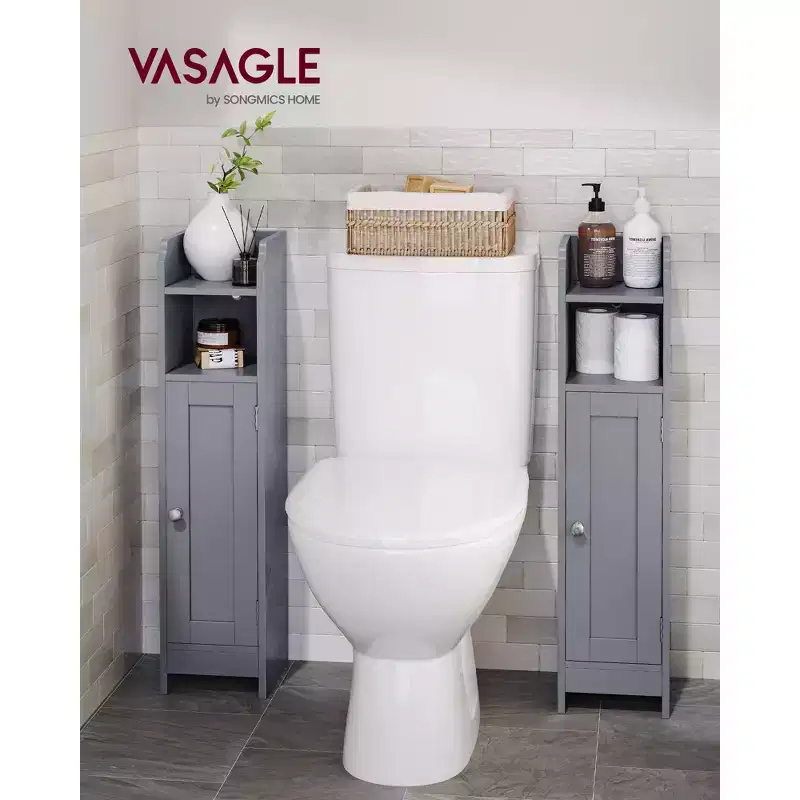 Dove Gray / White Freestanding Narrow Bathroom Floor Cabinet with Door, 4 Shelves, Single-User