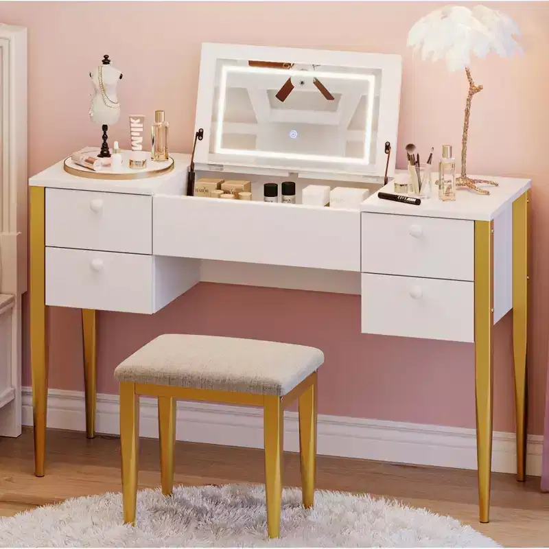 47 Makeup Vanity Desk with Flip Top Mirror, 3 Lighting Mode, 3 in 1 Vanity Table with 5 Drawers, Make Up Vanity with Chair for Bedroom