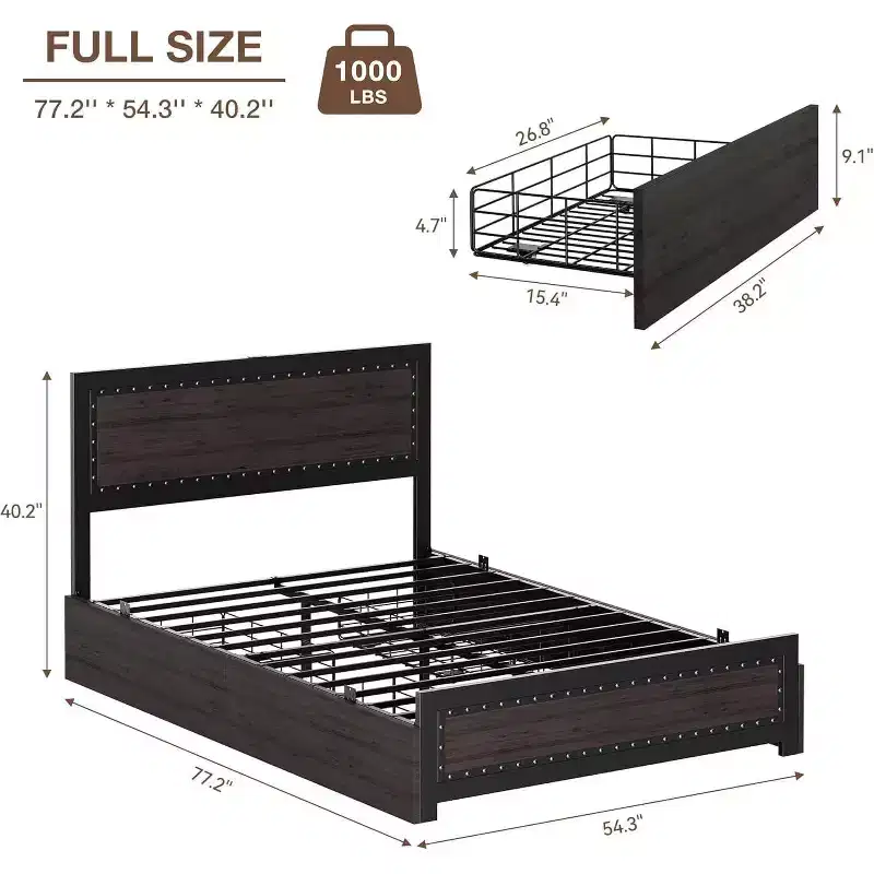 CuisinSmart Bed Frame with Four Storage Drawers, Platform Bed with Headboard & Riveted Decoration, Metal Slat Frame
