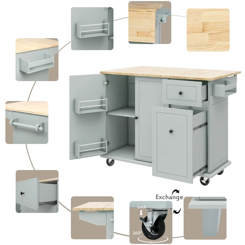 53.9 Width Rolling Kitchen Island with Drop Leaf and 3 Tier Pull Out Cabinet