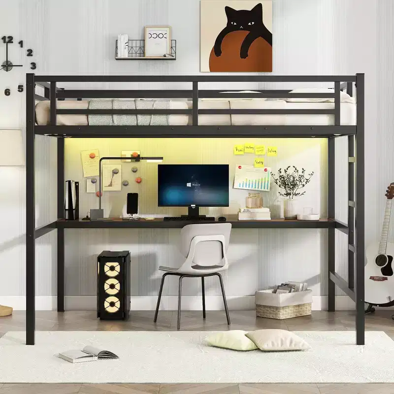 Twin XL/Full Metal Loft Bed with Power Outlet & LED Lights, Space-Saving Desk & Noise-Reduced Design, Black - CPC Certified - ModernLuxe
