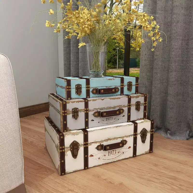 Set of 3 Farmhouse Distressed Wood Rectangular Trunks Natural - Olivia & May: Polyurethane Finish, No Assembly Required