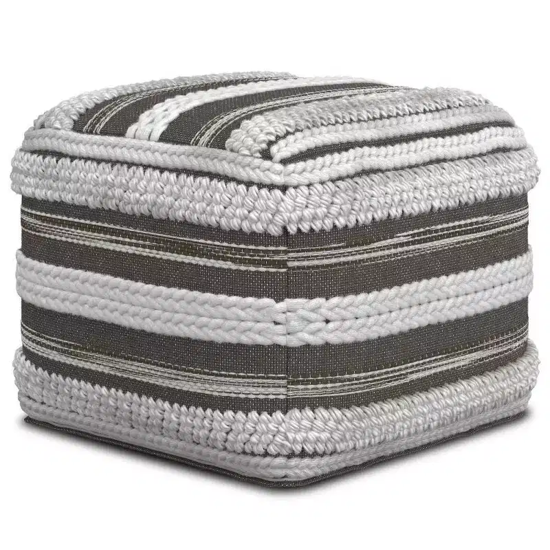 Square Pouf, Natural/Taupe Gray, Handwoven Cotton