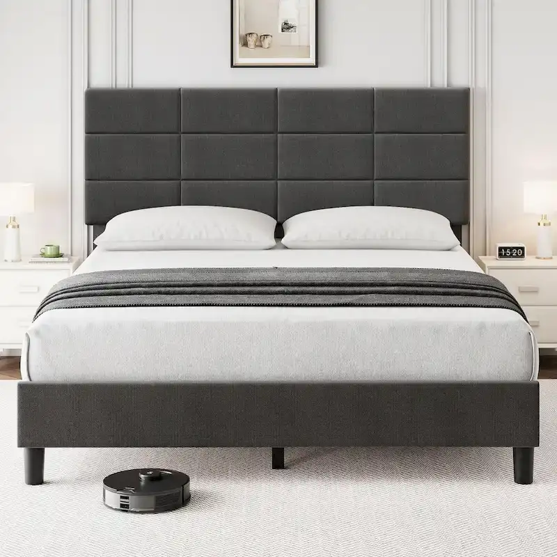 Linen Upholstered Twin Bed Frames with Solid Wooden Slats Support