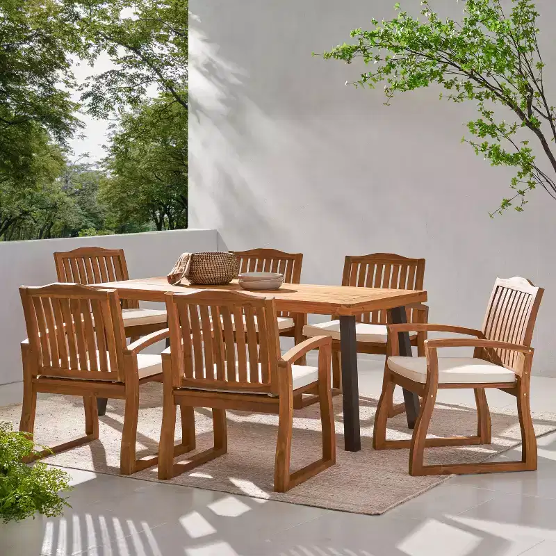 Christopher Knight Home Kittama Outdoor Acacia Wood and Rustic Metal 7 Piece Dining Set with Cushion, Teak and Cream