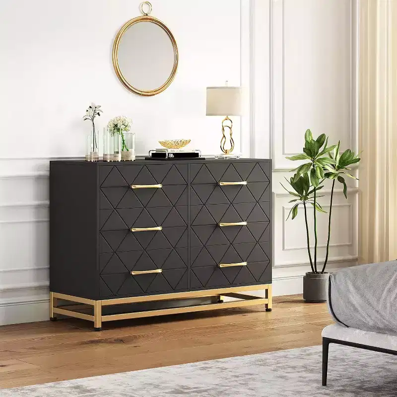 Garvee Elegant Black 6-Drawer Dresser with Gold Handles -Anti-Tipping Device  Perfect for Safe and Spacious Storage