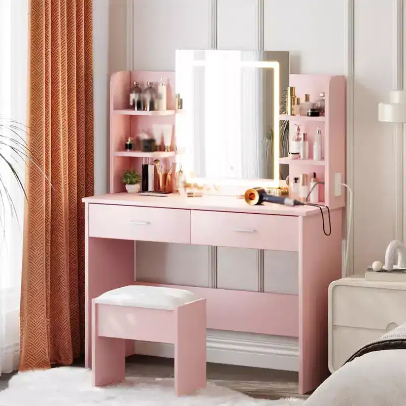 Vanity Desk with Lighted Mirror, Stool, Power Outlet, 6 Shelves, 2 Large Drawers, 3-Color Adjustable LED, Makeup Vanity for Bedroom, Pink