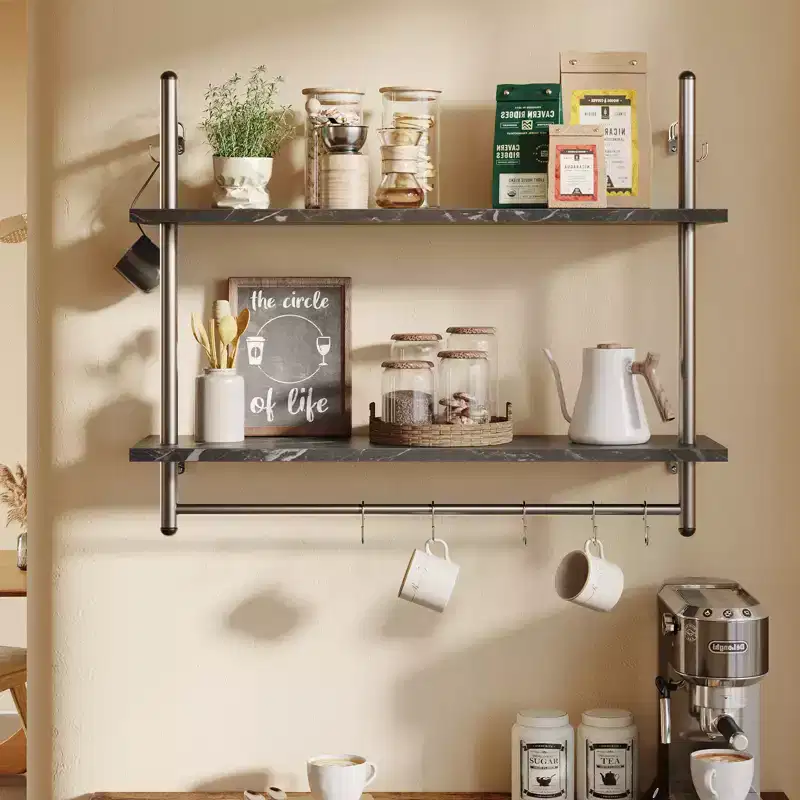 Industrial 2-Tier Wall-Mounted Bookshelf Plant Stand Shelf Baker's Racks with 8 S-Hooks