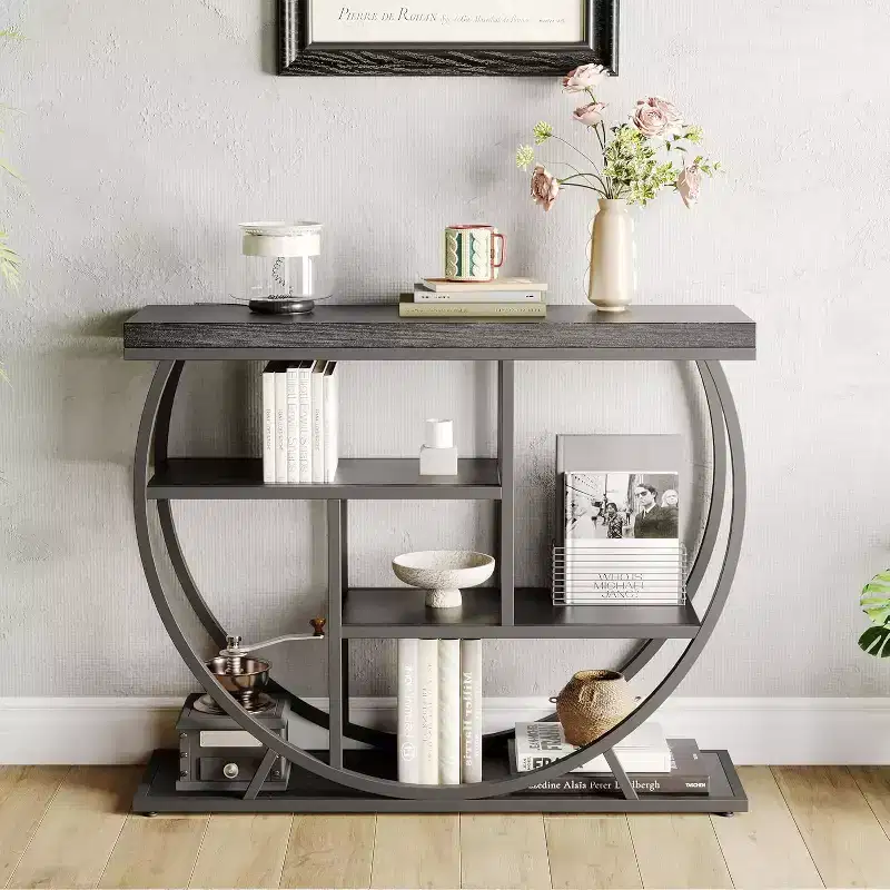 Industrial 4-Tier Narrow Console Table, Half-Circle Base Storage Entryway & Sofa Table for Living Room, Hallway