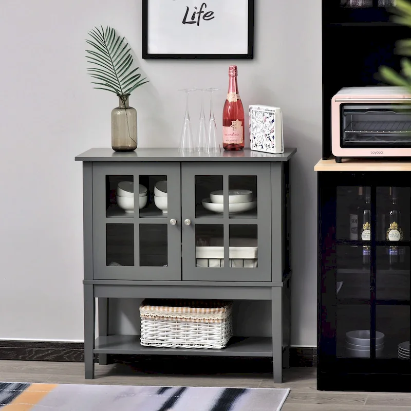 HOMCOM Modern Kitchen Credenza & Sideboard Buffet Cabinet with 2 Swinging Glass Doors & Ample Storage Space