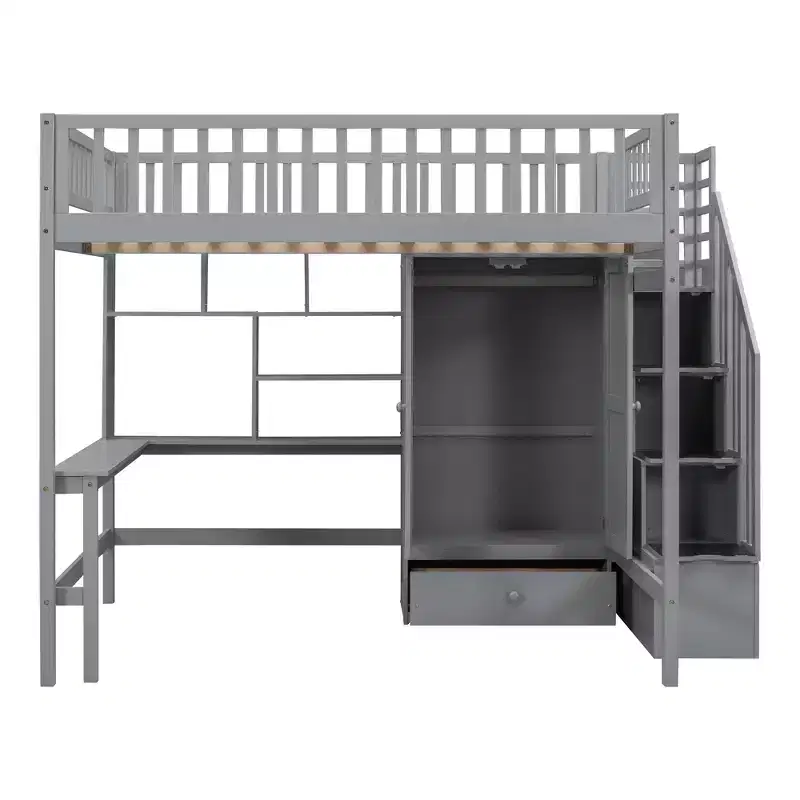 Wood Full Size Loft Bed with Bookshelf, Desk, Drawers & Wardrobe 94.4''L x 57''W