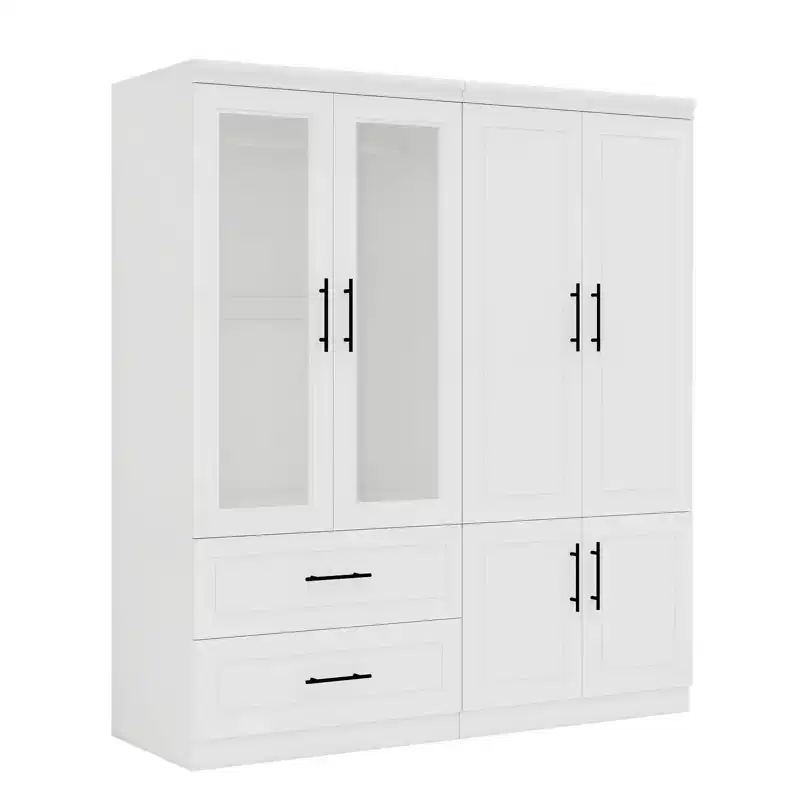 White Wood 63 in. Armoire with 2 Drawers and 6 Doors