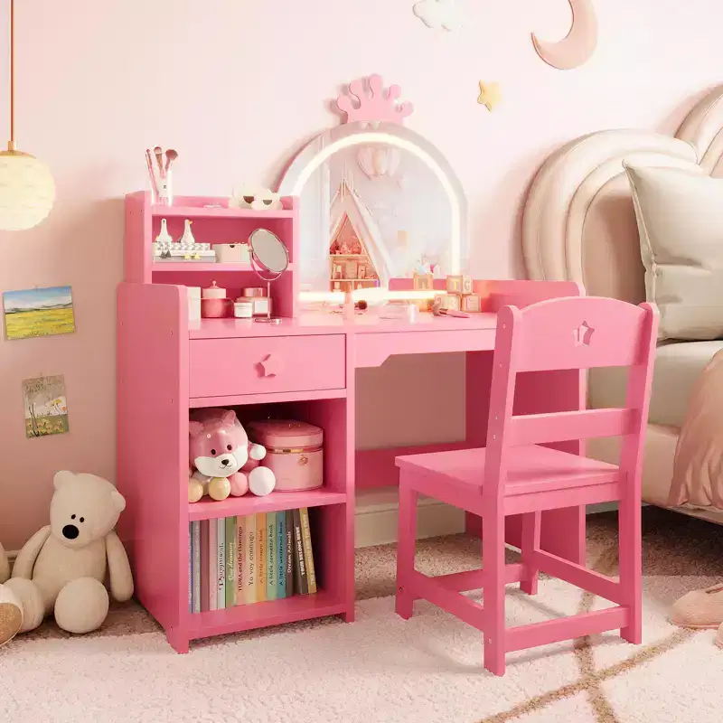 Kids Vanity with Lighted Mirror, 2 in 1 Princess Vanity Set Toddler Vanity Table & Chair Set with Open Bookshelf, Storage Cabinet & Shelves for Girls