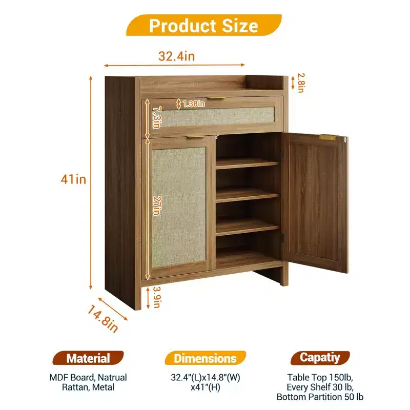 Shoe Cabinet, Wooden Storage Cabinet with Doors and Drawer, Rattan Buffet Cabinet Sideboard with Adjustable Shelf