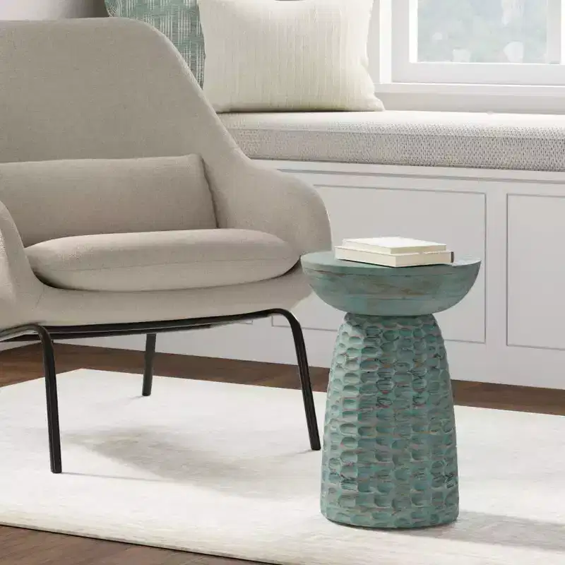 Round Mango Wood Accent Table | Teal Wash | 17.7