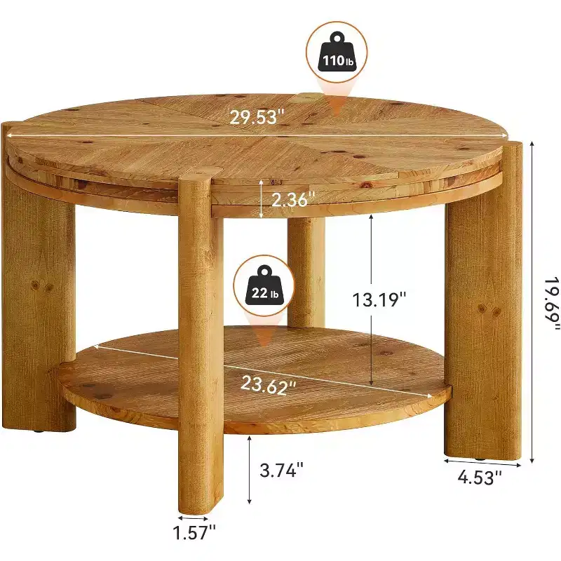 Lantine Round Solid Wood Coffee Table, 29.5 Farmhouse Circle Accent Center Tables with Storage Shelf for Living Room, Rustic Brown