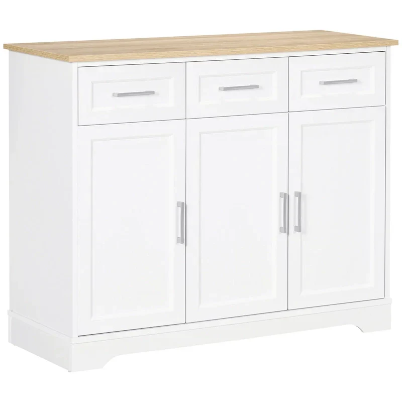 White Kitchen Sideboard Cabinet with 3 Drawers and Adjustable Shelf
