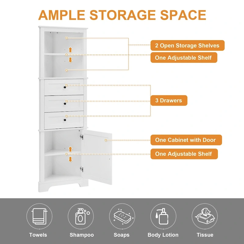 Triangle Tall Cabinet with 3 Drawers and Adjustable Shelves, MDF Board with Painted Finish
