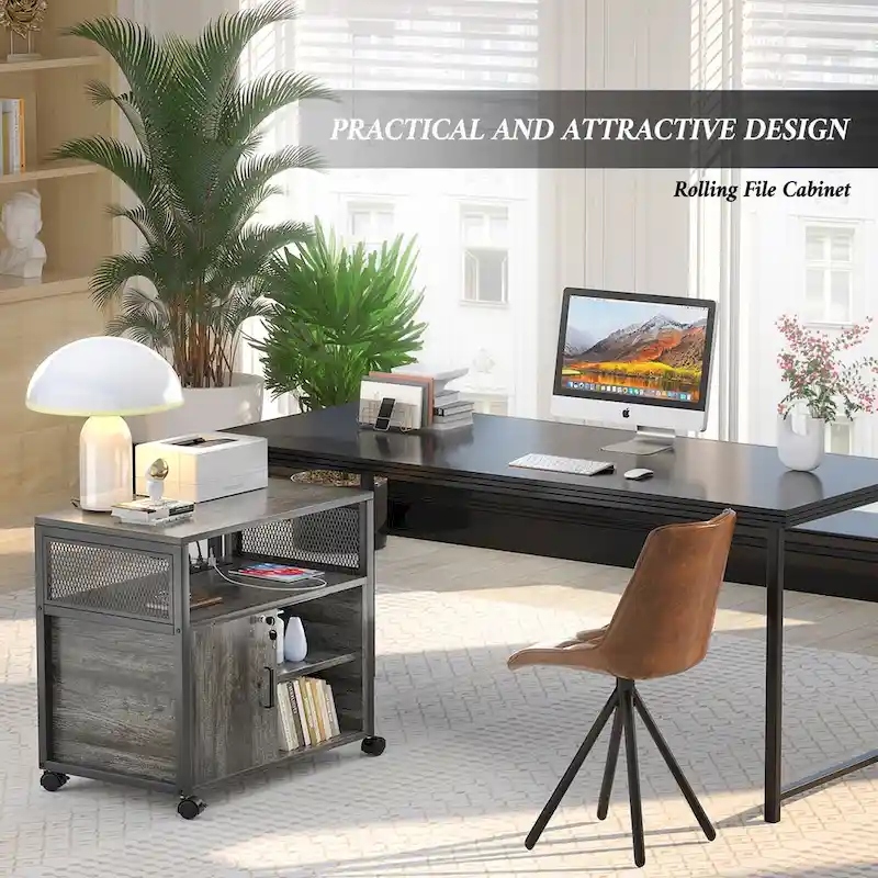Rolling File Cabinet Lateral Office Filing Cabinets with Charging Station,Modern Printer Stand on Wheels