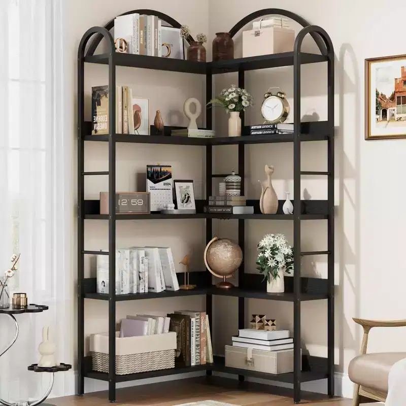 Arched Bookshelf Corner Bookcase, L Shaped Industrial Corner Bookshelf with Metal Frame, Corner Display Rack for Living Room Bedroom