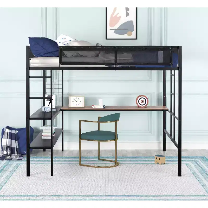 Metal Full Size Loft Bed with Desk / Sturdy Metal Bed Frame/ Noise-free Wood Slats/ Comfortable Textilene GuardrailSuitable for teenagers