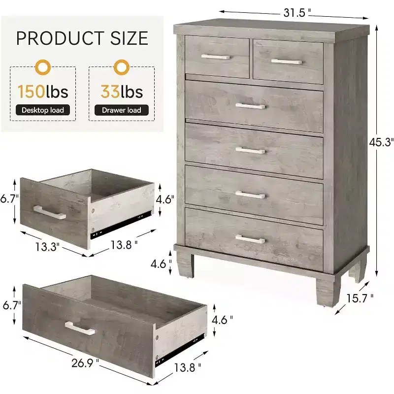 Acekool 6 Drawer Tall Dresser, Modern Chest with Metal Handles, Vertical Storage Organizer for Bedroom and Closet