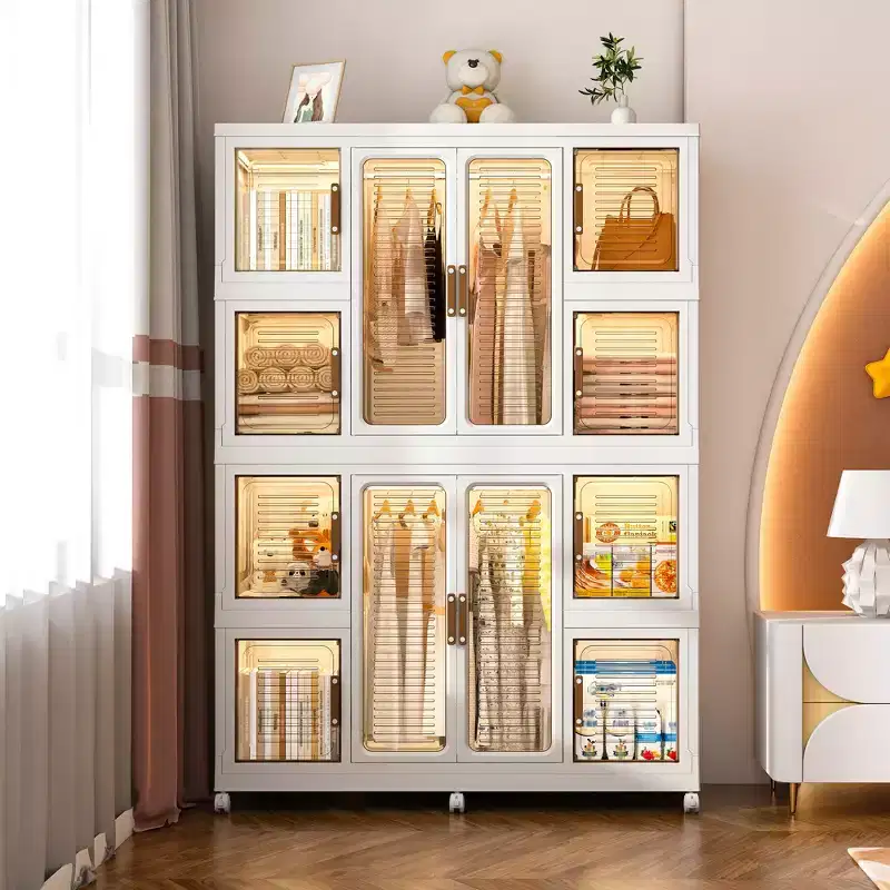 CLIHOME Portable Wardrobe Closet Storage Organizer for Clothes Dresser, Storage Cabinet with 12 Magnetic Doors -12 Cubes & 2 Hanging Rod