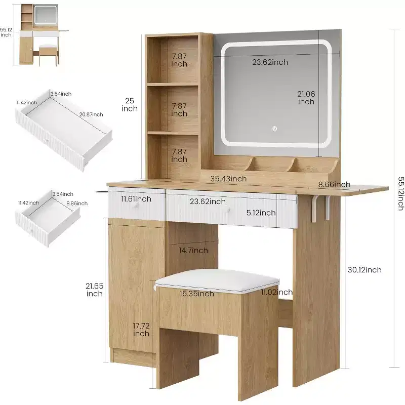 Makeup Vanity with Light and Mirror, Vanity Desk Foldable Desktop, Power Strip, Adjustable Lighting, Drawers and Cushioned Stool