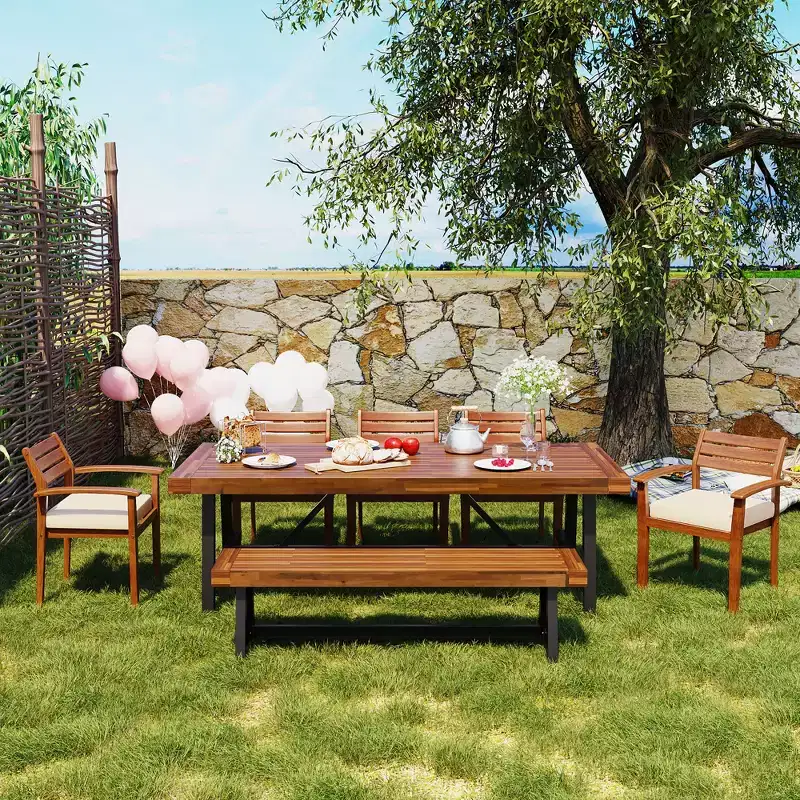 GDFStudio Murray Modern Farmhouse 7-Piece Acacia Wood Outdoor Dining Set with Table, Bench and Cushioned Chairs