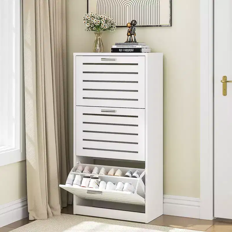 3-Shelf Shoe Cabinet Storage for Entryway with 3 Flip Drawers Slim Hidden Free Standing Organizer, White