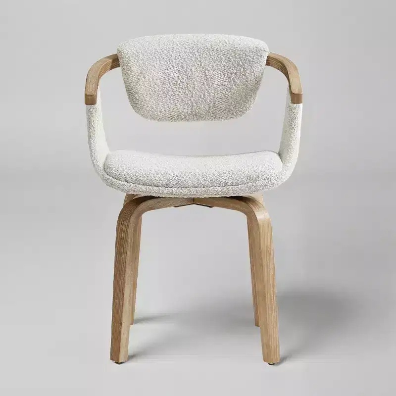 White Boucle Fabric Swivel Dining Chair with Arms, Seats 1