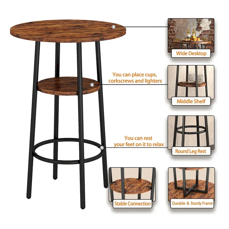 Grondin Industrial Style 3-Piece Round Bistro Pub Table Set with 2 PU Leather Bar Stools and Shelf, Counter Height Bar Table Set