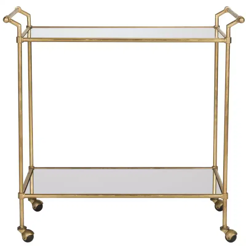 Gold & Mirror Bar Cart | 2-Tier Iron Frame with Wheels | 31