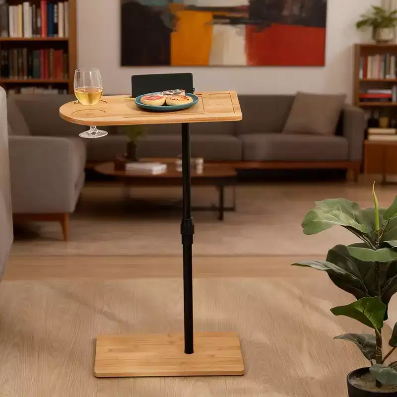 Tray Tables Bamboo Height Adjustable Side Table for Sofa C-shaped Metal Oval End Tables with Slots for Living Room & Bedroom, Simple Assembly, Natural