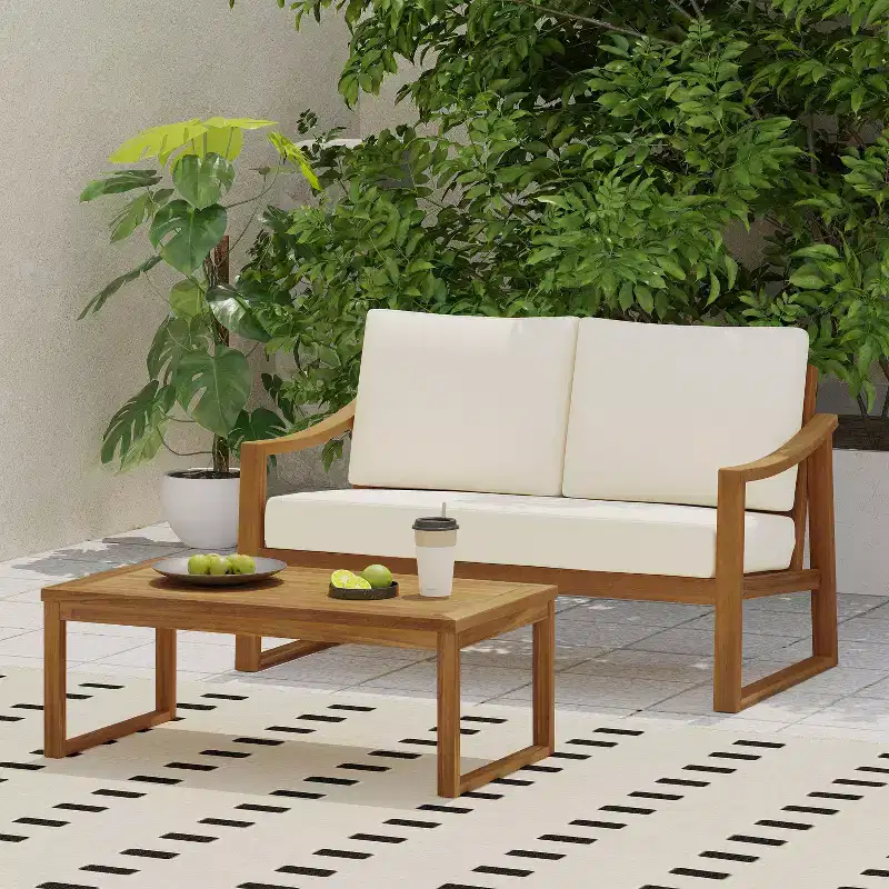 Christopher Knight Home Samwell Outdoor Acacia Wood Loveseat and Coffee Table Set with Sloped Arms