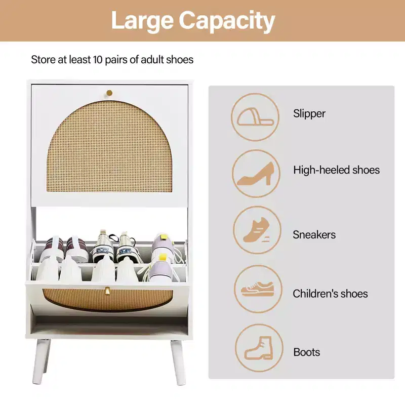 White 2-Door Flip Shoe Cabinet with Rattan Front, Holds 12 Pairs