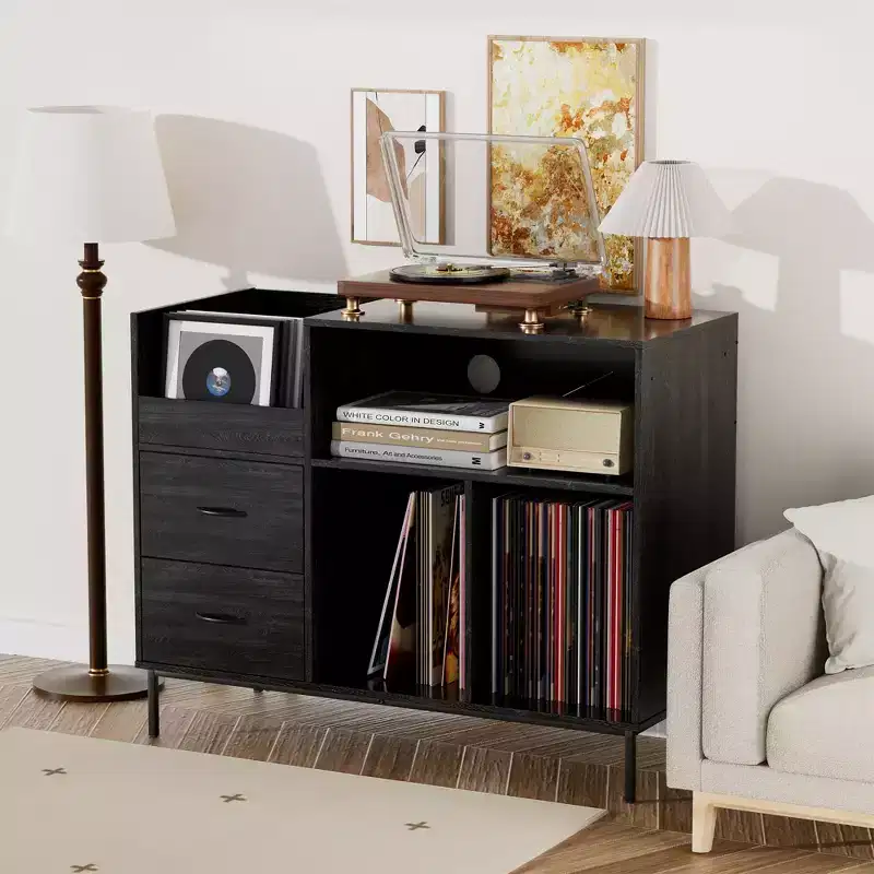Flip-Top Turntable Stand with Vinyl Record Storage and Dual Power Outlets, Black