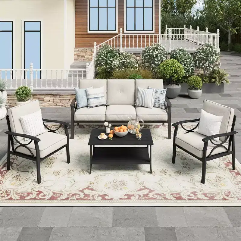 Heynemo Outdoor Patio Furniture Set, 4 Piece Patio Conversation Set with Coffee Table, Metal Furniture Set for Porch Backyard Garden, Grey