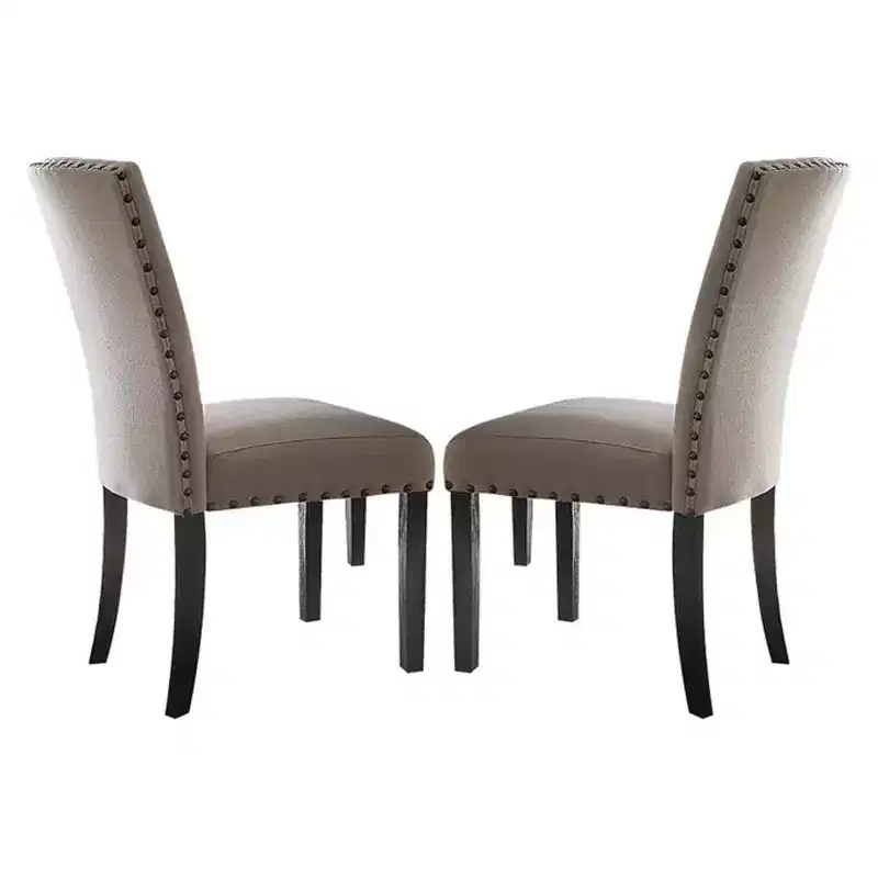 Nailhead Trim Fabric Upholstered Wooden Side Chair, Set of 2, Beige and Brown