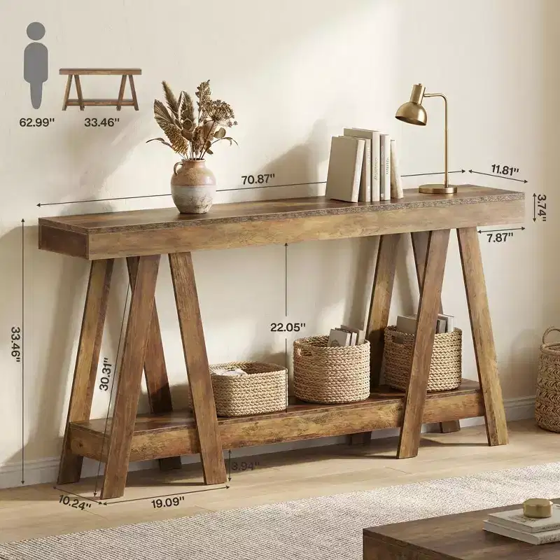 2-Tier Farmhouse Hall End Table with A-Frame Rustic Side Table for Living Room