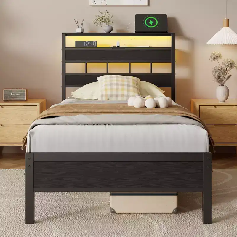 Twin Bed Frame with Charging Station LED Lights Storage Headboard Black Oak Wood Platform Bed Metal Slats Support No Box Spring Needed